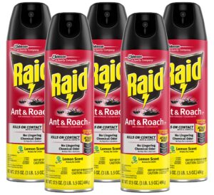 raid ant & roach spray defense system, lemon scent, attacks bugs & kills on contact for up to 4 weeks, no lingering chemical odor, 17.5-ounce (pack of 5)