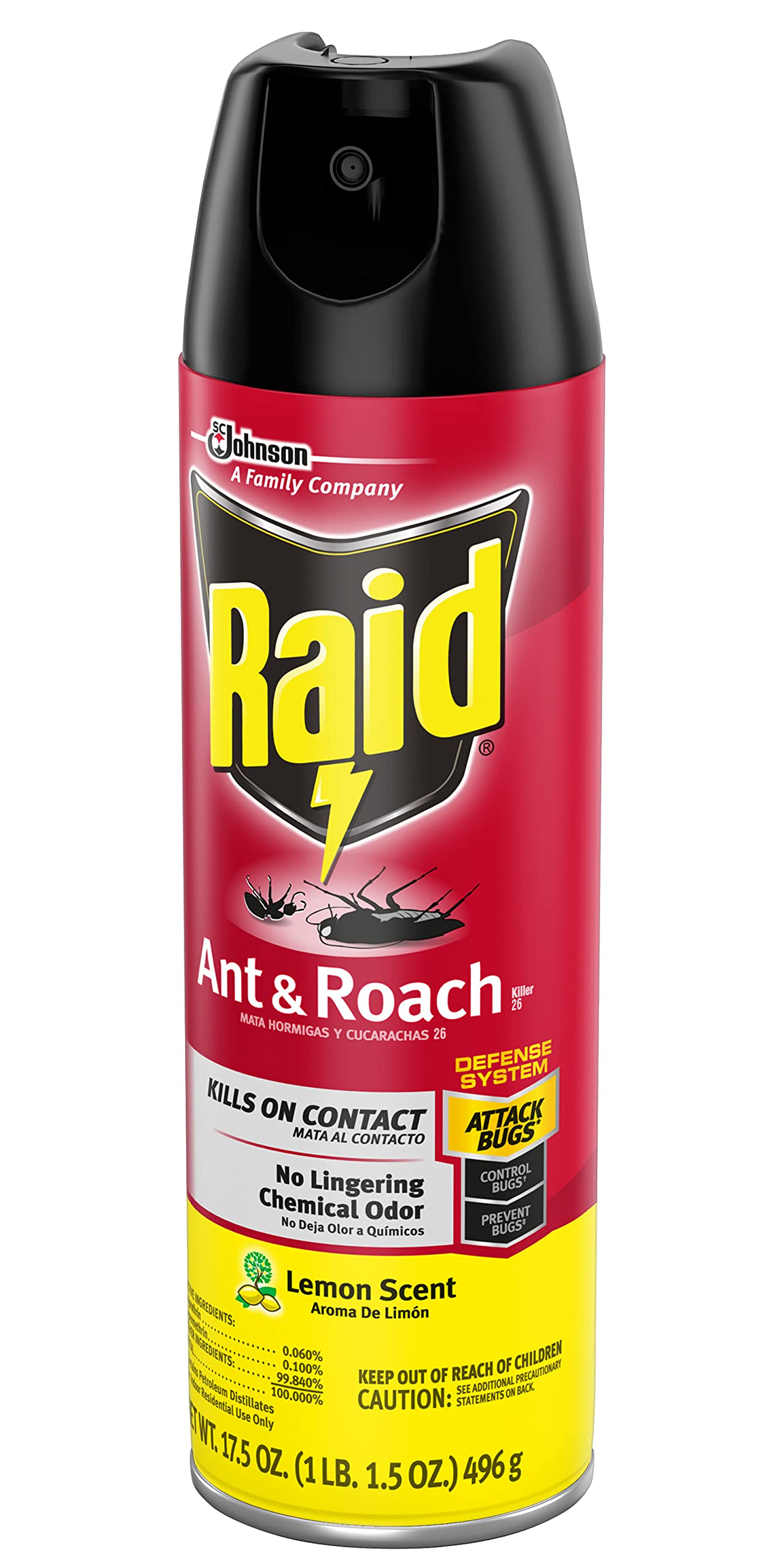 Raid Ant & Roach Spray Defense System, Lemon Scent, Attacks Bugs & Kills on Contact for up to 4 Weeks, No Lingering Chemical Odor, 17.5-Ounce (Pack of 5)