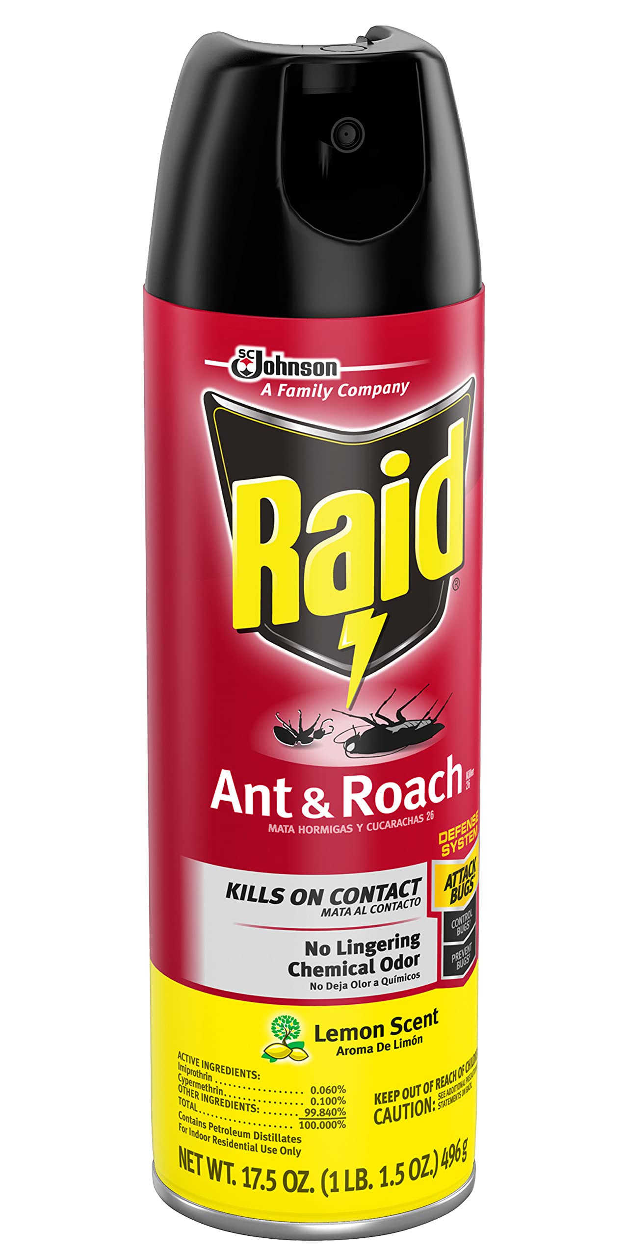 Raid Ant & Roach Spray Defense System, Lemon Scent, Attacks Bugs & Kills on Contact for up to 4 Weeks, No Lingering Chemical Odor, 17.5-Ounce (Pack of 5)