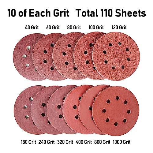 LotFancy Sanding Disc, 5 Inch 8 Hole, 110PCS, 40 60 80 100 120 180 240 320 400 800 1000 Grit Assorted Sand Paper, Hook and Loop Sandpaper Assortment, Random Orbital Sander Pads