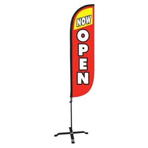 LookOurWay Feather Flag Set - 5ft Tall Advertising Banner Flag with Pole Kit and X-Stand for Business Promotion - Now Open Red/Yellow