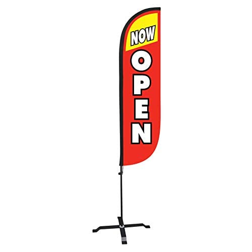 LookOurWay Feather Flag Set - 5ft Tall Advertising Banner Flag with Pole Kit and X-Stand for Business Promotion - Now Open Red/Yellow