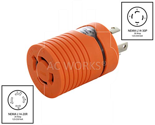 AC WORKS 30Amp 4 Prong 125/250Volt L14-30P Locking Plug to L14-20R 20Amp 4 Prong 125/250Volt Locking Female Generator Adapter (Compact)