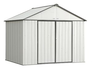 arrow 10' x 8' ezee shed cream with charcoal trim extra high gable steel storage shed