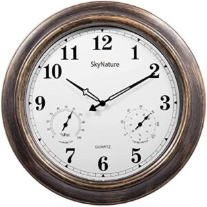 skynature outdoor clocks large waterproof with thermometer and hygrometer - 18 inch silent battery operated metal clock, decorative garden clock for patio, pool and home - bronze