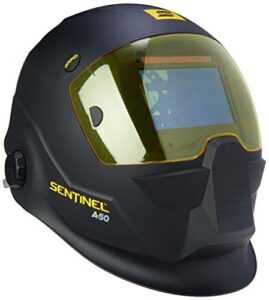 esab 0700000800 sentinel a50 welding helmet, black low-profile design, high impact resistance nylon, infinitely-adjustable, color touch screen controls, 3.93" x 2.36" viewing lens