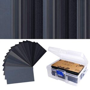 austor 102 pcs wet dry sandpaper 60 to 3000 grit assortment 3 x 5.5 inch abrasive paper with free box for automotive sanding, wood furniture finishing