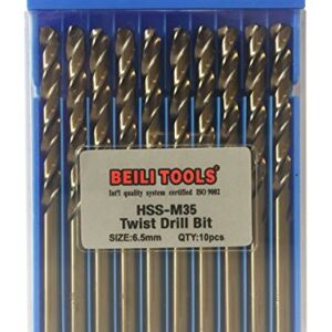 BEILI TOOLS HSS M35 Cobalt Twist Drill Bits, Pack of 10 (6.5mm, 1/4")