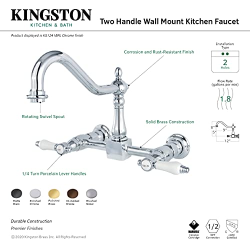 Kingston Brass KS1248BPL Bel Air Wall Mount 8 inch Centerset Kitchen Faucet, 9-7/16 inch In Spout Reach, Brushed Nickel