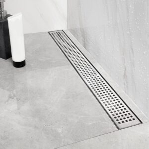 neodrain 24-inch linear shower drain with quadrato pattern grate,brushed 304 stainless steel rectangle shower floor drain,linear drain with leveling feet,hair strainer