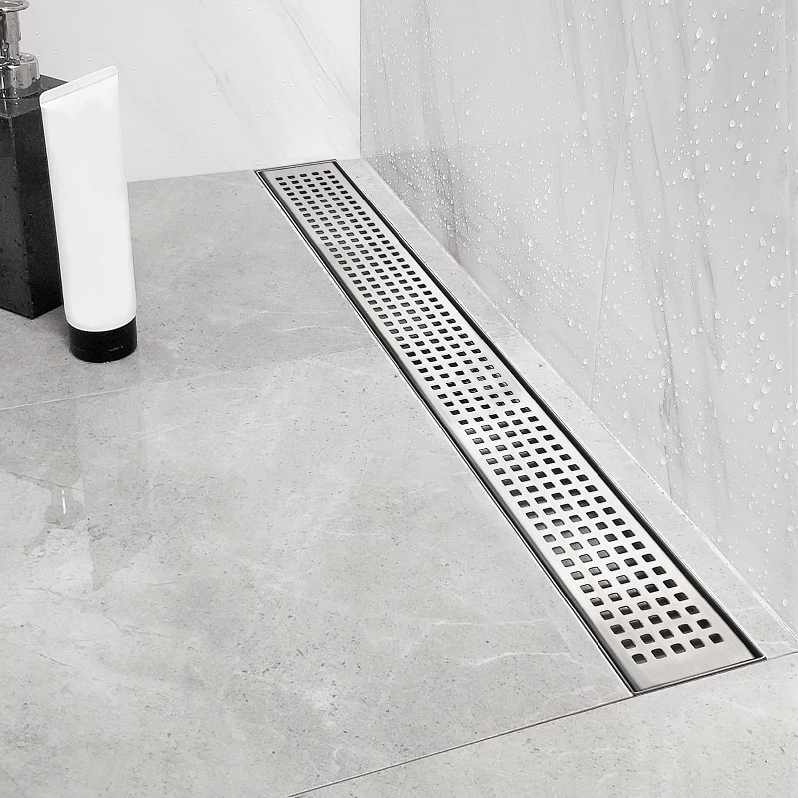 Neodrain 24-Inch Linear Shower Drain with Quadrato Pattern Grate,Brushed 304 Stainless Steel Rectangle Shower Floor Drain,Linear Drain with Leveling Feet,Hair Strainer