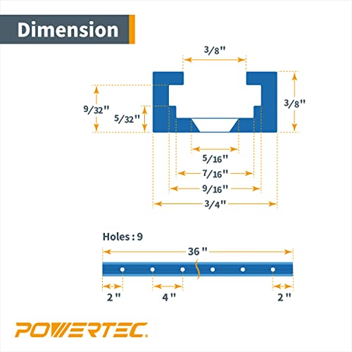 POWERTEC 71066 36 Inch Double-Cut Profile Universal T-Track with Predrilled Mounting Holes, 1PK, Aluminum T Track for Woodworking Jigs and Fixtures, Drill Press Table, Router Table, Workbench