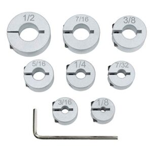 aluminum stop collar set - drill bit depth stop - superior split ring design - 8 piece set (1/2", 7/16”, 3/8”, 5/16”, ¼”, 7/32”, 3/16”, 1/8”) - drill bit holder