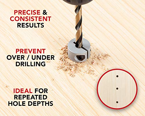 Aluminum Stop Collar Set - Drill Bit Depth Stop - Superior Split Ring Design - 8 Piece Set (1/2", 7/16”, 3/8”, 5/16”, ¼”, 7/32”, 3/16”, 1/8”) - Drill Bit Holder