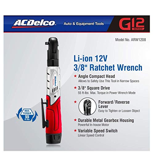 ACDelco Cordless 3/8" Ratchet Wrench 12V Angled 55 ft-lb Tool Set with 1 Batteries - Regular Charger - Carrying Case ,ARW1208, Red