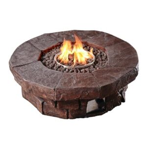 teamson home 50,000 btu round concrete look steel outdoor fire pit outside propane gas firepit with 13 pounds lava rocks and pvc cover for outdoor patio backyard deck décor, 37 inch, dark brown