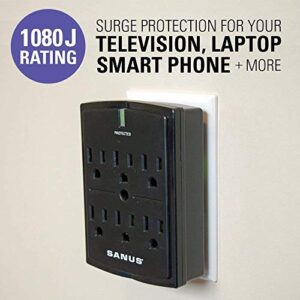 SANUS On-Wall Low Profile 1080J Fireproof Surge Protector with 6 AC Outlets & 3 Lines of Protection - Includes Power Signal Filtering Black