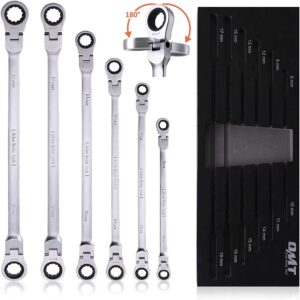omt 6-piece metric 8mm - 19mm extra long gear ratcheting wrench set xl extended handle with flex head, 8mm 9mm 10mm 11mm 12mm 13mm 14mm 15mm 16mm 17mm 18mm 19mm - 6pcs & 12 sizes