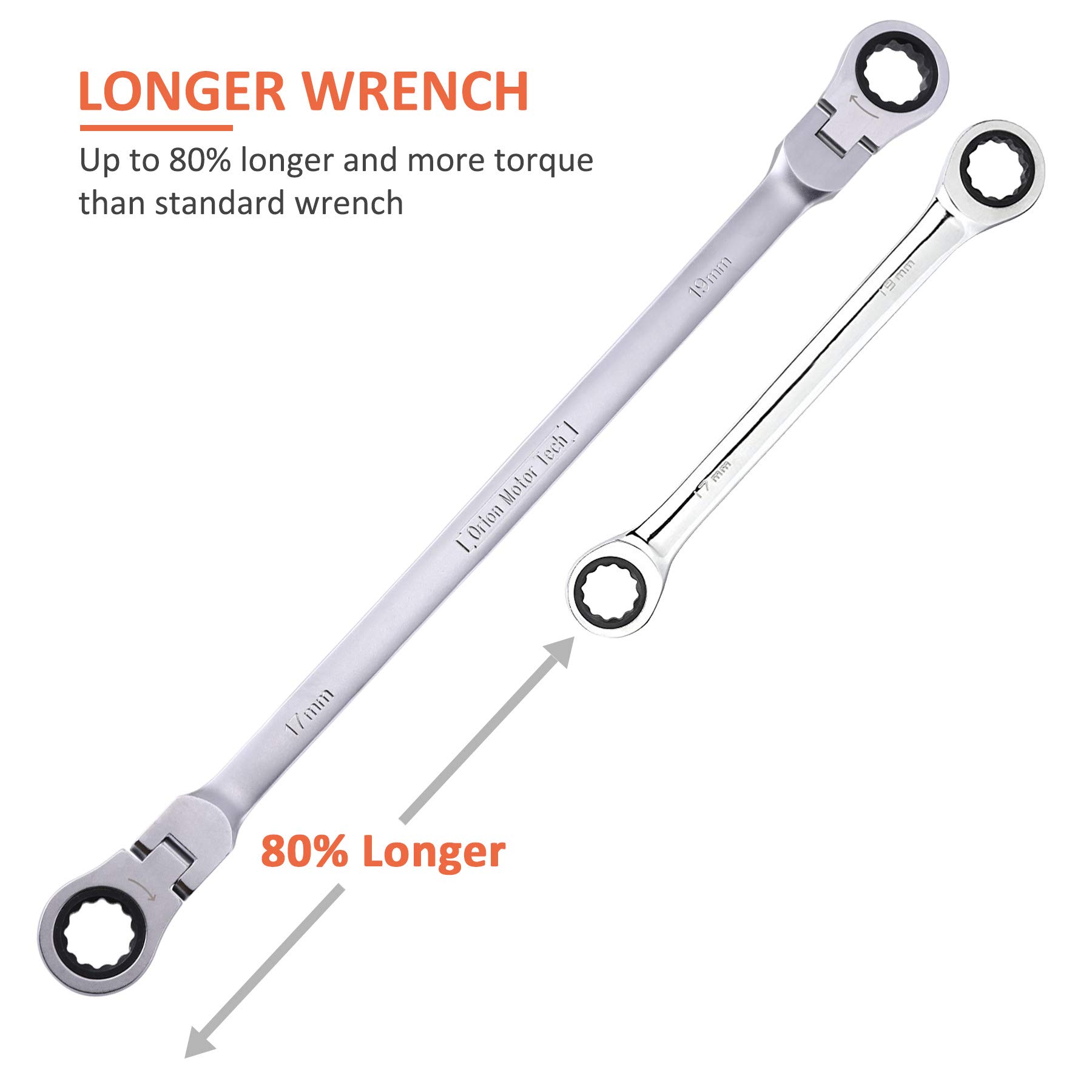 OMT 6-Piece Metric 8mm - 19mm Extra Long Gear Ratcheting Wrench Set XL Extended Handle with Flex Head, 8mm 9mm 10mm 11mm 12mm 13mm 14mm 15mm 16mm 17mm 18mm 19mm - 6pcs & 12 Sizes