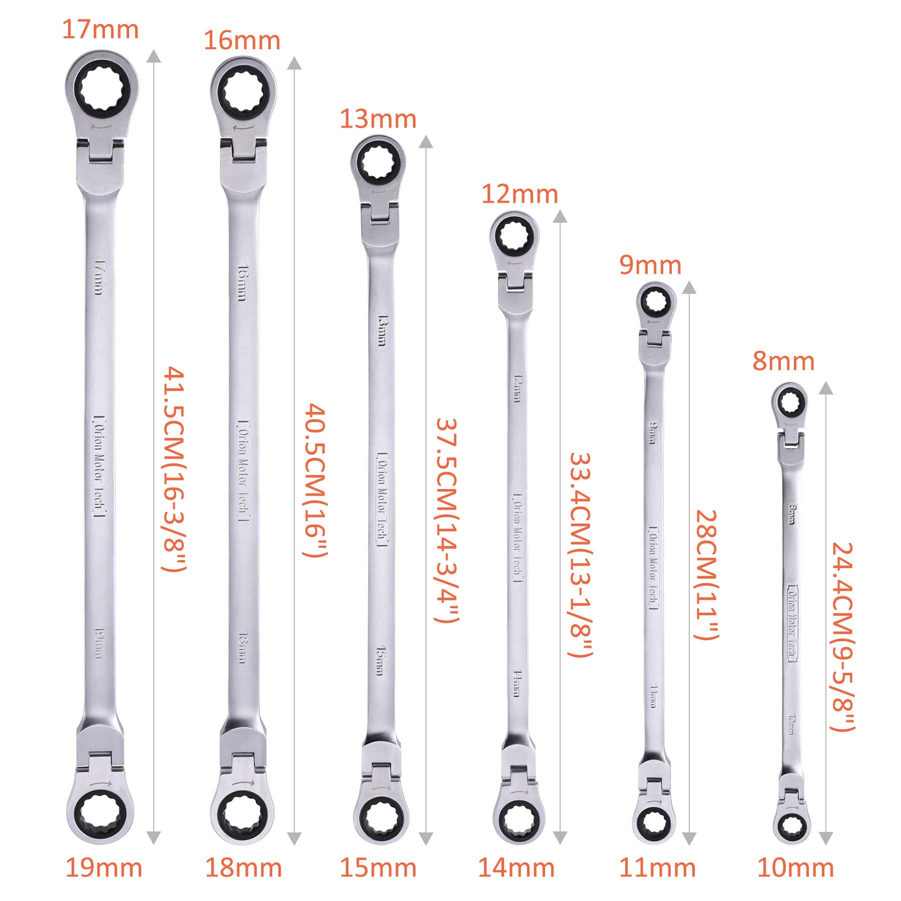 OMT 6-Piece Metric 8mm - 19mm Extra Long Gear Ratcheting Wrench Set XL Extended Handle with Flex Head, 8mm 9mm 10mm 11mm 12mm 13mm 14mm 15mm 16mm 17mm 18mm 19mm - 6pcs & 12 Sizes