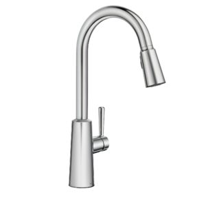 moen riley chrome one-handle pulldown kitchen faucet featuring power boost for a faster clean and reflex docking system for the spray head, modern kitchen sink faucet, 7402c
