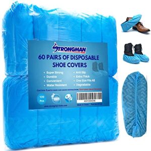 strongman tools shoe covers 120-pack (60 pairs) shoe protector for men & women, disposable shoe covers non slip & reusable, water-resistant booties for shoes, durable for indoor & outdoor use