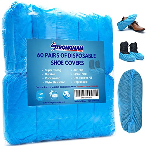 Strongman Tools Shoe Covers 120-Pack (60 Pairs) Shoe Protector for Men & Women, Disposable Shoe Covers Non Slip & Reusable, Water-Resistant Booties for Shoes, Durable for Indoor & Outdoor Use