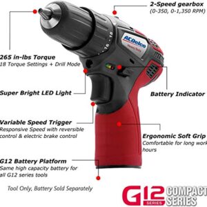 ACDelco ARD12119P 12V Cordless Li-ion 3/8” 265 In-lbs. 2 Speed Compact Drill Driver Tool Kit with 2 Batteries