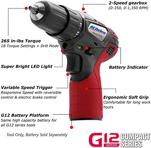 ACDelco ARD12119P 12V Cordless Li-ion 3/8” 265 In-lbs. 2 Speed Compact Drill Driver Tool Kit with 2 Batteries