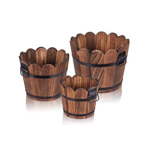 hakkagirl wooden bucket barrel planters, rustic patio planters flower pots for plants indoor décor, set of 3