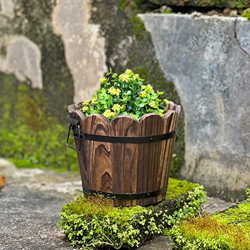 HakkaGirl Wooden Bucket Barrel Planters, Rustic Patio Planters Flower Pots for Plants Indoor Décor, Set of 3