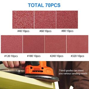 LotFancy Mouse Detail Sander Sandpaper, 70PCS 40 60 80 120 180 240 320 Assorted Grit Sanding Pads Sheets, 140mm, 6 Holes, Hook and Loop Backing