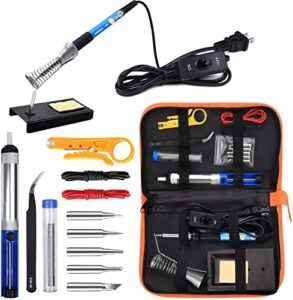 anbes soldering iron kit electronics, 60w adjustable temperature welding tool, 5pcs soldering tips, desoldering pump, soldering iron stand, tweezers