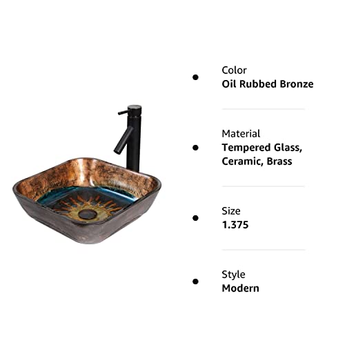 ELITE Square Volcanic Pattern Tempered Glass Bathroom Vessel Sink & Oil Rubbed Bronze Finish Faucet Combo