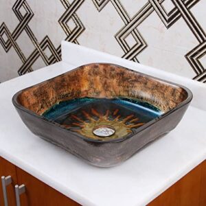 ELITE Square Volcanic Pattern Tempered Glass Bathroom Vessel Sink & Oil Rubbed Bronze Finish Faucet Combo