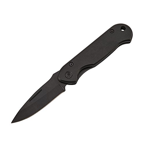 Creative Gifts International All Matte Black Locking Pocket Knife, Stainless Steel Blade, Aluminum Handle, 3.5" L Folded. 6" L When Opened, Gift Box Included