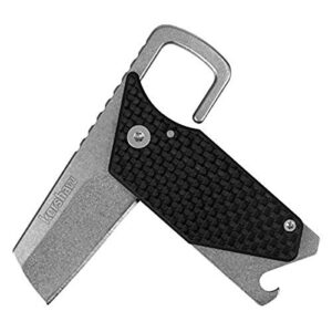 kershaw pub multifunction pocket knife, stainless steel blade with bottle opener, screwdriver, pry bar and key chain attachment, stonewash blade and carbon fiber handle