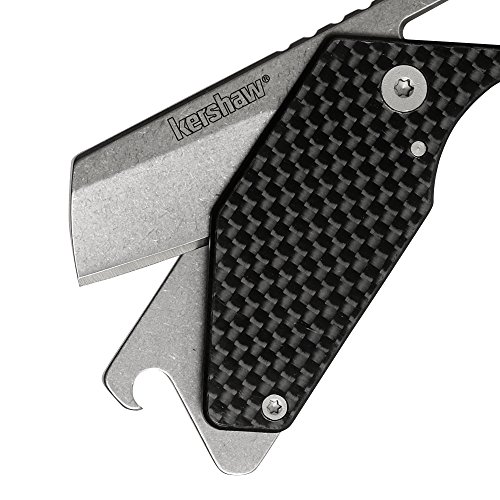 Kershaw Pub Multifunction Pocket Knife, Stainless Steel Blade with Bottle Opener, Screwdriver, Pry Bar and Key Chain Attachment, Stonewash Blade and Carbon Fiber Handle