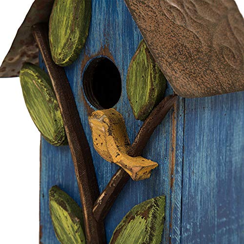 Glitzhome 9.7" H Hanging Bird House for Outdoor Patio Garden Decorative Pet Cottage Distressed Wooden Birdhouse, Blue Leaves
