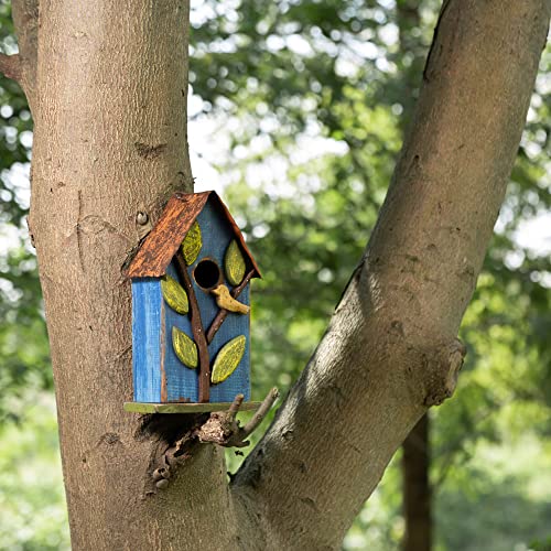 Glitzhome 9.7" H Hanging Bird House for Outdoor Patio Garden Decorative Pet Cottage Distressed Wooden Birdhouse, Blue Leaves