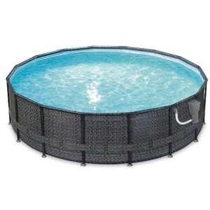 funsicle 16' x 48" oasis designer round frame outdoor above ground swimming pool set with skimmerplus filter pump and pool cover, dark herringbone
