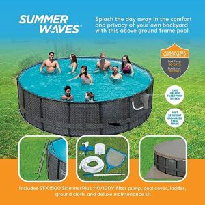 Funsicle 16' x 48" Oasis Designer Round Frame Outdoor Above Ground Swimming Pool Set with SkimmerPlus Filter Pump and Pool Cover, Dark Herringbone