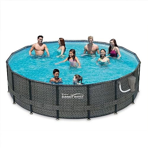 Funsicle 16' x 48" Oasis Designer Round Frame Outdoor Above Ground Swimming Pool Set with SkimmerPlus Filter Pump and Pool Cover, Dark Herringbone