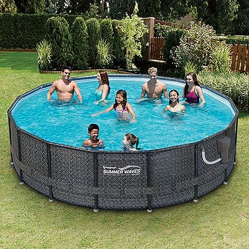 Funsicle 16' x 48" Oasis Designer Round Frame Outdoor Above Ground Swimming Pool Set with SkimmerPlus Filter Pump and Pool Cover, Dark Herringbone