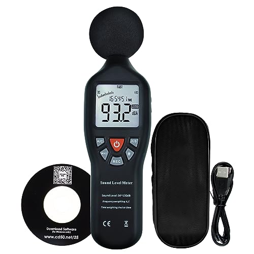 Decibel Meter, Sound Level Meter CD Software Audio Decibel Noise Measure Tester 30 – 130 dB Audio Noise Measuring Range with Backlit LCD Display, Data Record Function