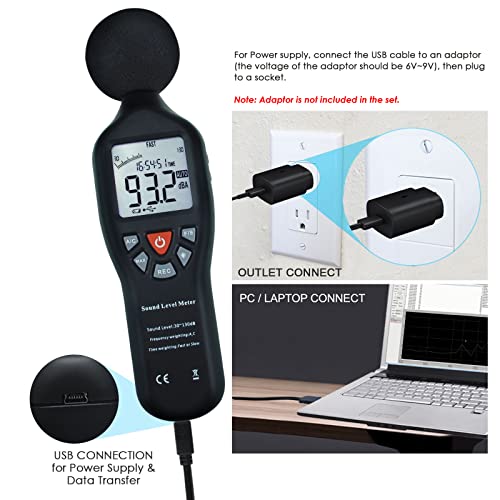 Decibel Meter, Sound Level Meter CD Software Audio Decibel Noise Measure Tester 30 – 130 dB Audio Noise Measuring Range with Backlit LCD Display, Data Record Function