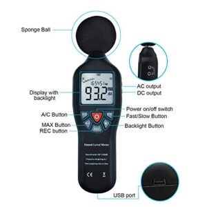 Decibel Meter, Sound Level Meter CD Software Audio Decibel Noise Measure Tester 30 – 130 dB Audio Noise Measuring Range with Backlit LCD Display, Data Record Function