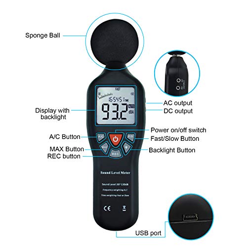 Decibel Meter, Sound Level Meter CD Software Audio Decibel Noise Measure Tester 30 – 130 dB Audio Noise Measuring Range with Backlit LCD Display, Data Record Function