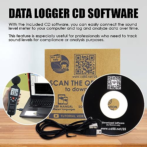 Decibel Meter, Sound Level Meter CD Software Audio Decibel Noise Measure Tester 30 – 130 dB Audio Noise Measuring Range with Backlit LCD Display, Data Record Function