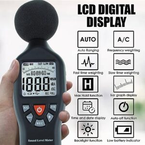 Decibel Meter, Sound Level Meter CD Software Audio Decibel Noise Measure Tester 30 – 130 dB Audio Noise Measuring Range with Backlit LCD Display, Data Record Function